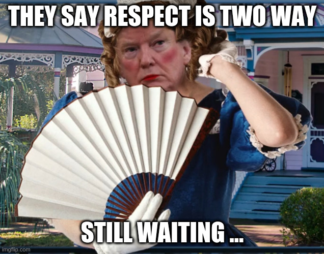 Southern Belle Trumpette | THEY SAY RESPECT IS TWO WAY STILL WAITING ... | image tagged in southern belle trumpette | made w/ Imgflip meme maker