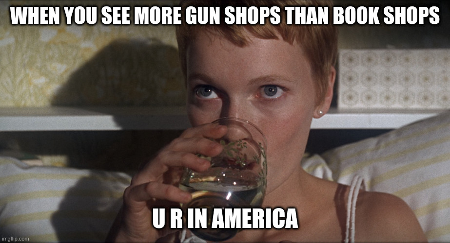 canada has way more book shops than gun shops | WHEN YOU SEE MORE GUN SHOPS THAN BOOK SHOPS U R IN AMERICA | image tagged in rosemary | made w/ Imgflip meme maker