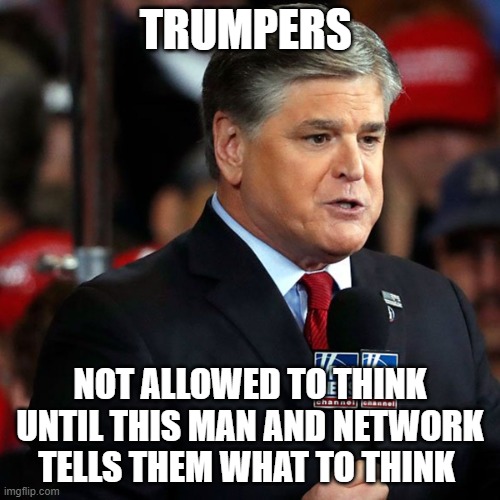 Trumpers are Sheeple | TRUMPERS; NOT ALLOWED TO THINK UNTIL THIS MAN AND NETWORK TELLS THEM WHAT TO THINK | image tagged in sean hannity dumb,donald trump,republicans,trump supporters,fox news | made w/ Imgflip meme maker