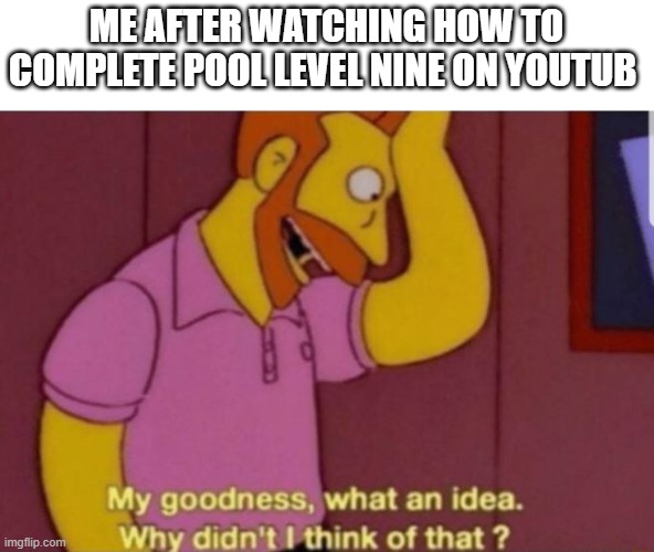 true | ME AFTER WATCHING HOW TO COMPLETE POOL LEVEL NINE ON YOUTUB | image tagged in my god why didn't i think of that | made w/ Imgflip meme maker