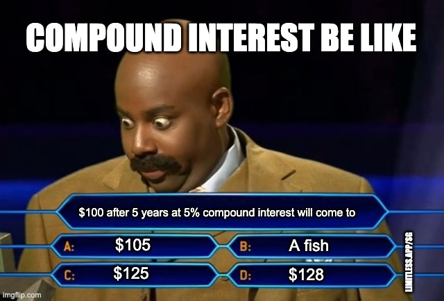Compound interest be like | COMPOUND INTEREST BE LIKE; $100 after 5 years at 5% compound interest will come to; $105; A fish; LIMITLESS.APP/SG; $125; $128 | image tagged in who wants to be a millionaire | made w/ Imgflip meme maker