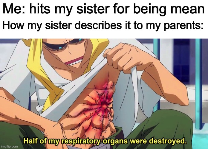Btw, she hits me everyday. | Me: hits my sister for being mean; How my sister describes it to my parents: | image tagged in half of my respiratory organs were destroyed | made w/ Imgflip meme maker