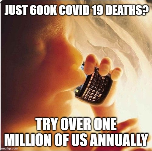 Baby in womb on cell phone - fetus blackberry |  JUST 600K COVID 19 DEATHS? TRY OVER ONE MILLION OF US ANNUALLY | image tagged in baby in womb on cell phone - fetus blackberry | made w/ Imgflip meme maker