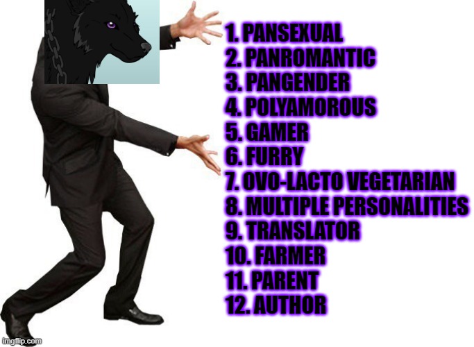 Heyy, Don't know if this is gonna become a new trend or whatever, This is all there is to know about me! | 1. PANSEXUAL
2. PANROMANTIC
3. PANGENDER
4. POLYAMOROUS
5. GAMER
6. FURRY
7. OVO-LACTO VEGETARIAN
8. MULTIPLE PERSONALITIES
9. TRANSLATOR
10. FARMER
11. PARENT
12. AUTHOR | image tagged in lgbt,tada will smith,gamer,furry,pan,trends | made w/ Imgflip meme maker