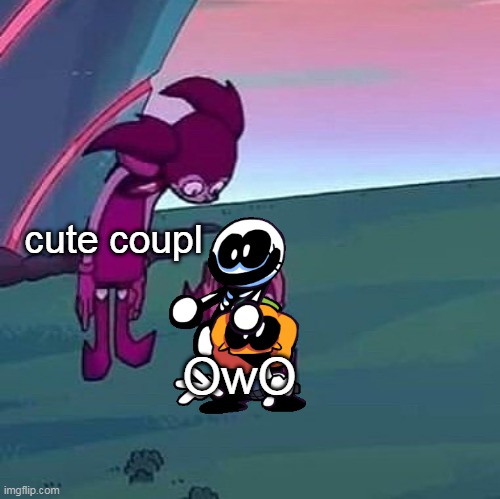 spinel looking at skid and pump | cute coupl; OwO | image tagged in spinel looking over herself | made w/ Imgflip meme maker