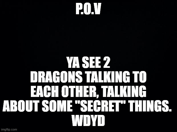 No OP OC's, unless I say you can. but you can use magic OC's | YA SEE 2 DRAGONS TALKING TO EACH OTHER, TALKING ABOUT SOME "SECRET" THINGS. 
WDYD; P.O.V | image tagged in black background | made w/ Imgflip meme maker