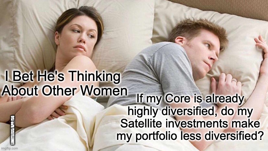 I Bet He's Thinking About Other Women Meme | I Bet He's Thinking 
About Other Women; If my Core is already highly diversified, do my Satellite investments make my portfolio less diversified? LIMITLESS/APP/SG | image tagged in memes,i bet he's thinking about other women,investing,limitless,personal finance | made w/ Imgflip meme maker