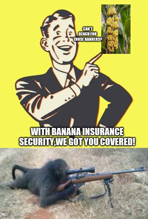  CAN'T REACH FOR THOSE NANNERS? WITH BANANA INSURANCE SECURITY,WE GOT YOU COVERED! | image tagged in funny memes | made w/ Imgflip meme maker