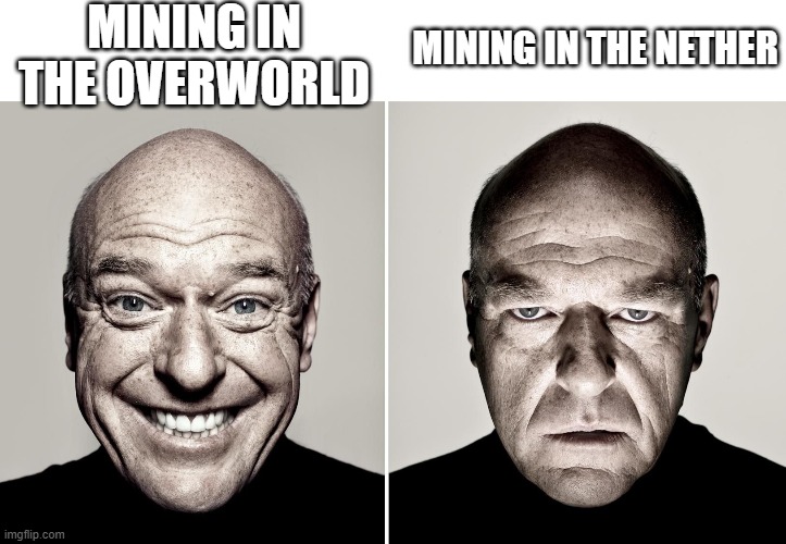 *Bed explosion noises* | MINING IN THE OVERWORLD; MINING IN THE NETHER | image tagged in blank white template,dean norris's reaction,minecraft,memes | made w/ Imgflip meme maker