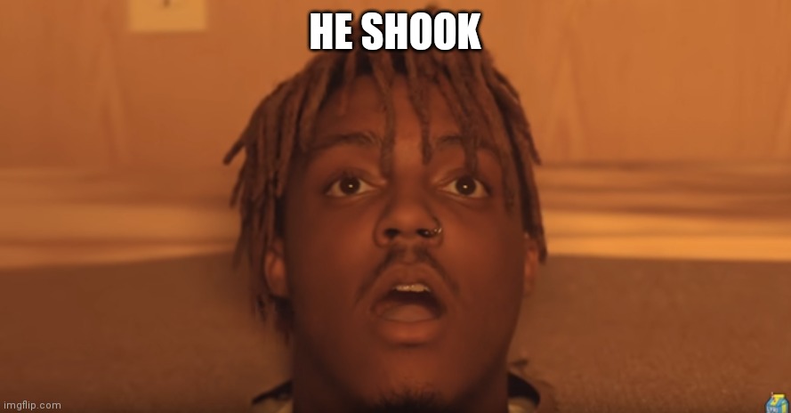 shocked juice wrld | HE SHOOK | image tagged in shocked juice wrld | made w/ Imgflip meme maker