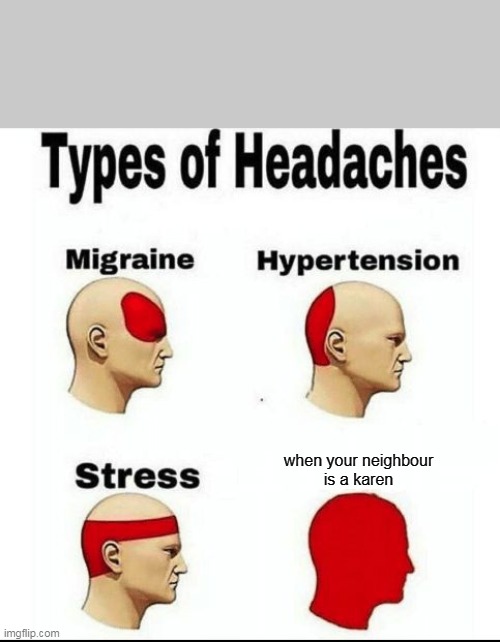 life part 1 | when your neighbour
is a karen | image tagged in types of headaches meme | made w/ Imgflip meme maker