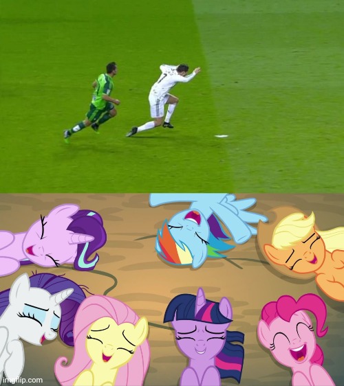 The Mane 7 laughing at Cristiano Ronaldo diving | image tagged in my little pony,mane 7,cristiano ronaldo,dive,funny,memes | made w/ Imgflip meme maker