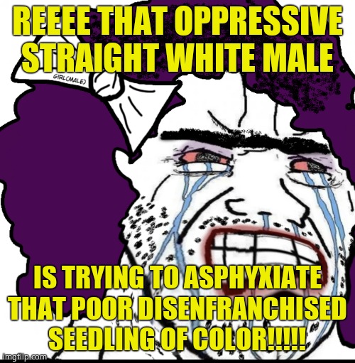 Mad tranny | REEEE THAT OPPRESSIVE STRAIGHT WHITE MALE IS TRYING TO ASPHYXIATE THAT POOR DISENFRANCHISED SEEDLING OF COLOR!!!!! | image tagged in mad tranny | made w/ Imgflip meme maker