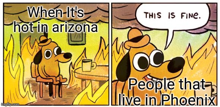 Hot in AZ | When It's hot in arizona; People that live in Phoenix | image tagged in memes,this is fine | made w/ Imgflip meme maker