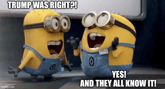 Trump Was Right | TRUMP WAS RIGHT?! YES!
AND THEY ALL KNOW IT! | image tagged in memes,excited minions,donald trump | made w/ Imgflip meme maker