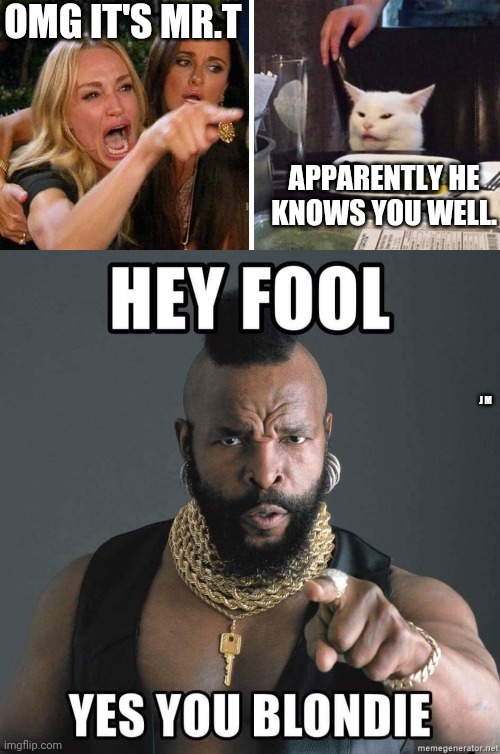 OMG IT'S MR.T; APPARENTLY HE KNOWS YOU WELL. J M | image tagged in smudge the cat | made w/ Imgflip meme maker