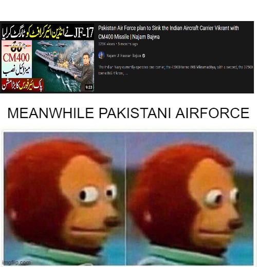 INDIAN NAVY | MEANWHILE PAKISTANI AIRFORCE | image tagged in memes,monkey puppet | made w/ Imgflip meme maker