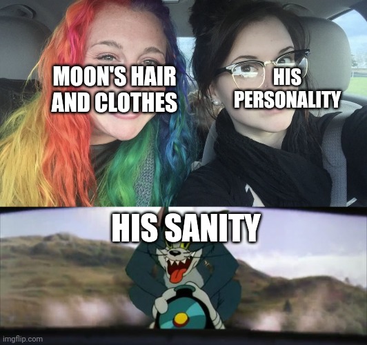 Moon is just a nickname for him, he's a character in my Danganronpa Tokyo Ghoul crossover fiction. | HIS PERSONALITY; MOON'S HAIR AND CLOTHES; HIS SANITY | image tagged in rainbow hair and goth,harry potter tom train | made w/ Imgflip meme maker