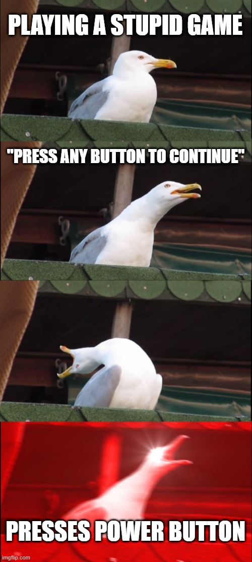 You need a break | PLAYING A STUPID GAME; "PRESS ANY BUTTON TO CONTINUE"; PRESSES POWER BUTTON | image tagged in memes,inhaling seagull,games,gaming,power,video games | made w/ Imgflip meme maker