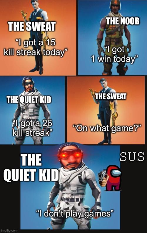 SUSPICIOUSUS | THE NOOB; THE SWEAT; “I got a 15 kill streak today”; “I got 1 win today”; THE QUIET KID; THE SWEAT; “I got a 26 kill streak”; “On what game?”; SUS; THE QUIET KID; “I don’t play games” | image tagged in fortnite,sus,amogus,among us,memes | made w/ Imgflip meme maker
