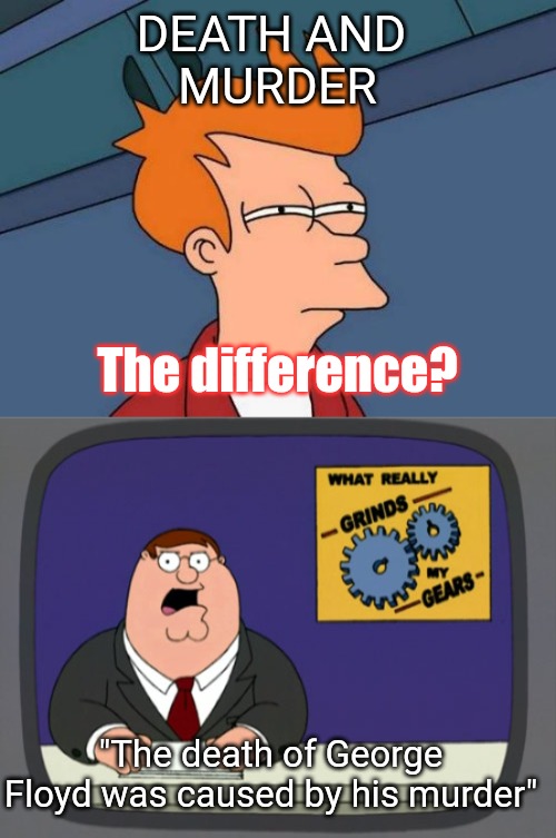 Death and being killed are not the same | DEATH AND 
MURDER; The difference? "The death of George Floyd was caused by his murder" | image tagged in memes,futurama fry,peter griffin news,george floyd | made w/ Imgflip meme maker