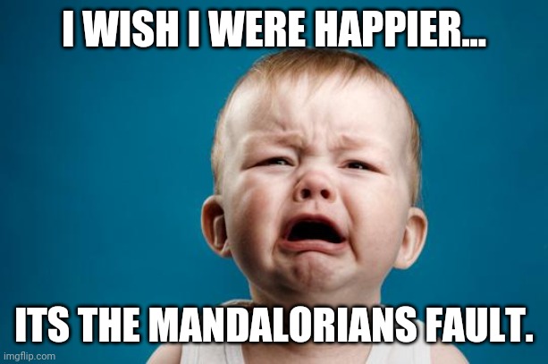 BABY CRYING | I WISH I WERE HAPPIER... ITS THE MANDALORIANS FAULT. | image tagged in baby crying | made w/ Imgflip meme maker