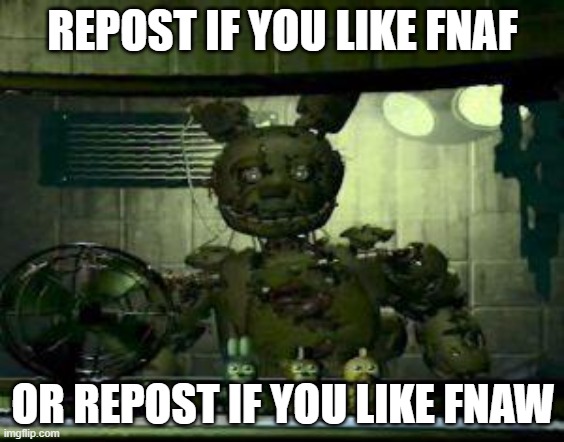 FNAF Springtrap in window | REPOST IF YOU LIKE FNAF; OR REPOST IF YOU LIKE FNAW | image tagged in fnaf springtrap in window | made w/ Imgflip meme maker