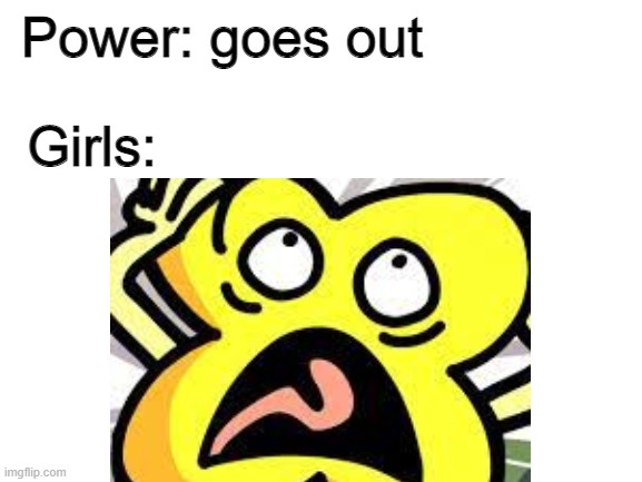 Power outage | Power: goes out; Girls: | image tagged in screaming,bruh | made w/ Imgflip meme maker