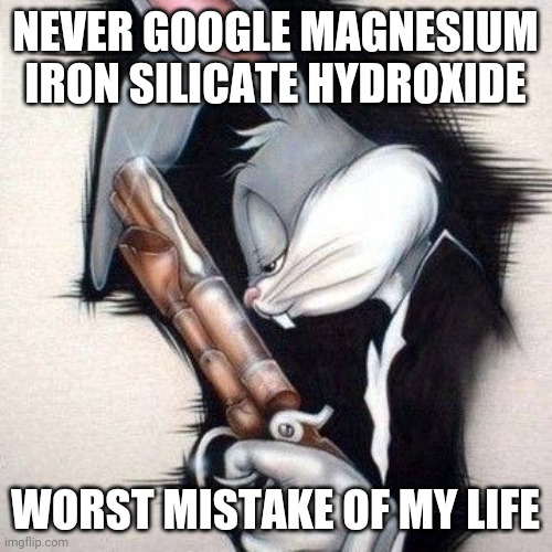gangster bugs bunny | NEVER GOOGLE MAGNESIUM IRON SILICATE HYDROXIDE; WORST MISTAKE OF MY LIFE | image tagged in gangster bugs bunny | made w/ Imgflip meme maker