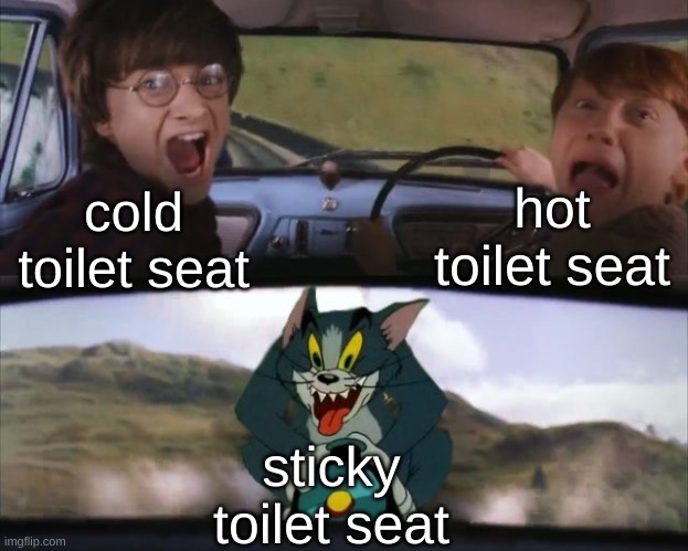 oh no | hot toilet seat; cold toilet seat; sticky toilet seat | image tagged in tom chasing harry and ron weasly | made w/ Imgflip meme maker