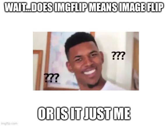 Wait | WAIT…DOES IMGFLIP MEANS IMAGE FLIP; OR IS IT JUST ME | image tagged in blank white template | made w/ Imgflip meme maker