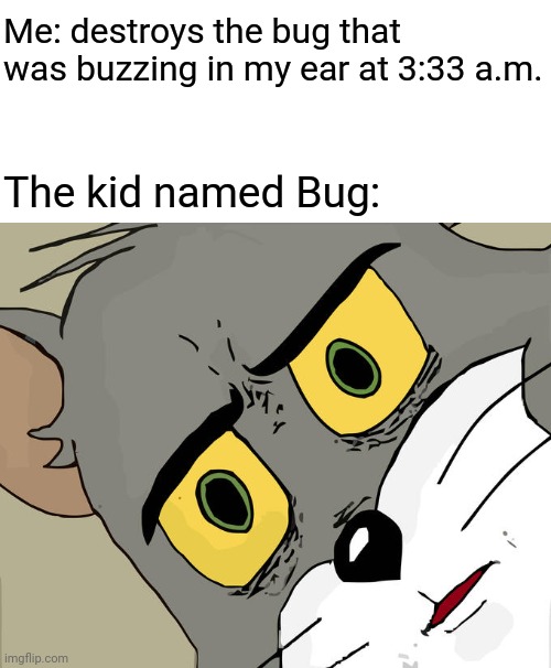 The bug | Me: destroys the bug that was buzzing in my ear at 3:33 a.m. The kid named Bug: | image tagged in memes,unsettled tom,bugs,bug,funny,blank white template | made w/ Imgflip meme maker