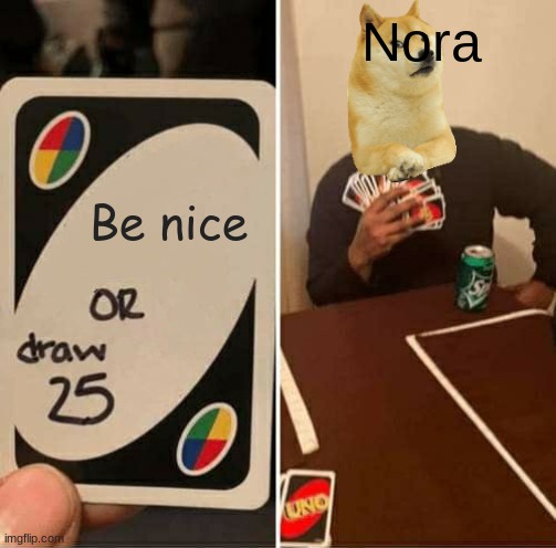 UNO Draw 25 Cards | Nora; Be nice | image tagged in memes,uno draw 25 cards | made w/ Imgflip meme maker