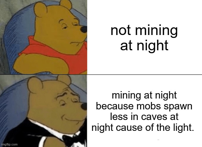 Tuxedo Winnie The Pooh Meme | not mining at night; mining at night because mobs spawn less in caves at night cause of the light. | image tagged in memes,tuxedo winnie the pooh | made w/ Imgflip meme maker