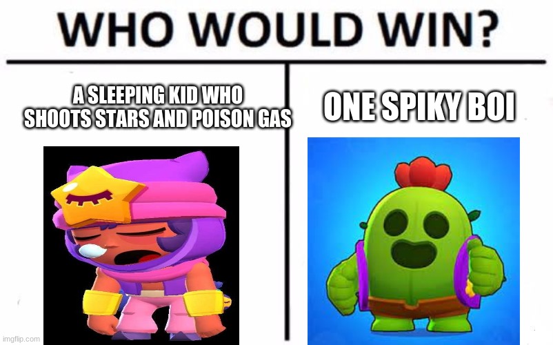 Who Would Win? Meme | ONE SPIKY BOI; A SLEEPING KID WHO SHOOTS STARS AND POISON GAS | image tagged in memes,who would win | made w/ Imgflip meme maker