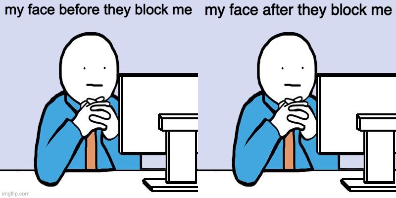 my face after they block me; my face before they block me | image tagged in blank face | made w/ Imgflip meme maker