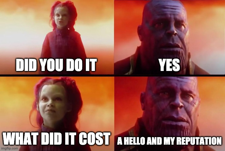thanos what did it cost | DID YOU DO IT YES WHAT DID IT COST A HELLO AND MY REPUTATION | image tagged in thanos what did it cost | made w/ Imgflip meme maker
