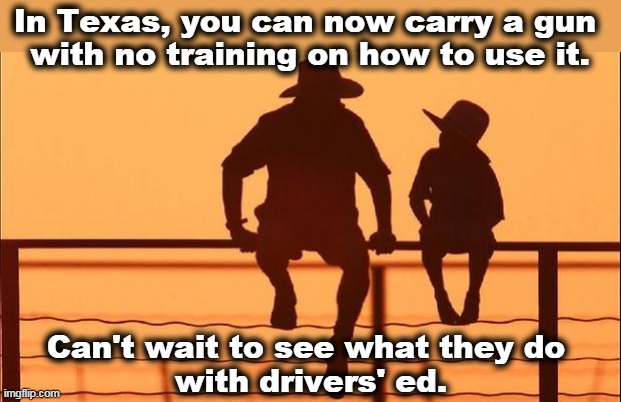 There'll be a lot fewer Texans for a start. | In Texas, you can now carry a gun 

with no training on how to use it. Can't wait to see what they do 
with drivers' ed. | image tagged in cowboy father and son,texas,guns,idiots | made w/ Imgflip meme maker