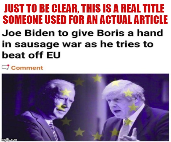 real article | JUST TO BE CLEAR, THIS IS A REAL TITLE 
SOMEONE USED FOR AN ACTUAL ARTICLE | image tagged in new,biden,boring,sausage | made w/ Imgflip meme maker