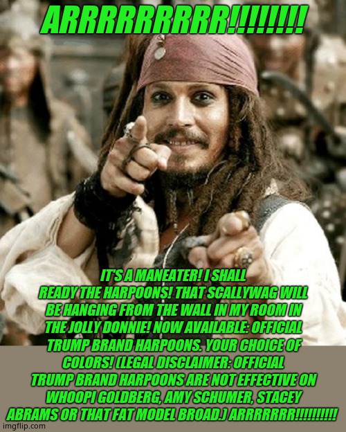 POINT JACK | ARRRRRRRRR!!!!!!!! IT'S A MANEATER! I SHALL READY THE HARPOONS! THAT SCALLYWAG WILL BE HANGING FROM THE WALL IN MY ROOM IN THE JOLLY DONNIE! | image tagged in point jack | made w/ Imgflip meme maker