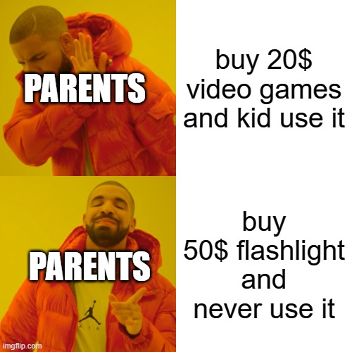 parents memes | buy 20$ video games and kid use it; PARENTS; buy 50$ flashlight and never use it; PARENTS | image tagged in memes,drake hotline bling | made w/ Imgflip meme maker
