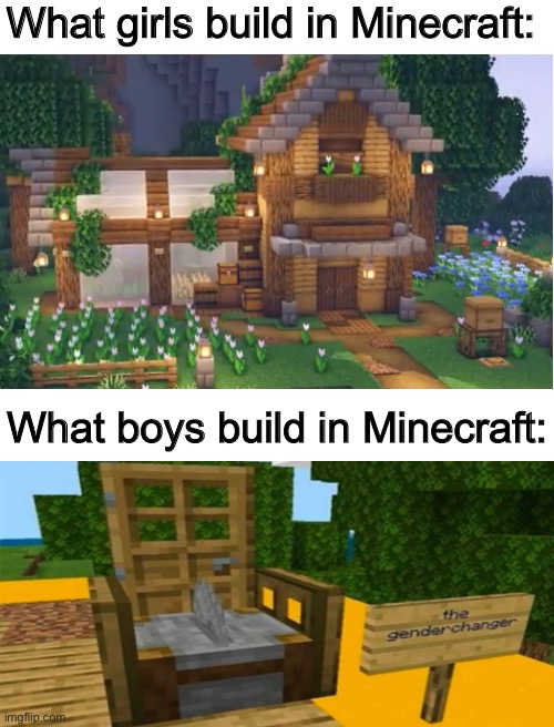 Don’t tell me it ain’t true | What girls build in Minecraft:; What boys build in Minecraft: | image tagged in blank white template,minecraft | made w/ Imgflip meme maker