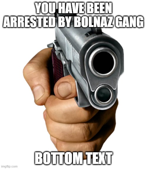 Hand pointing gun | YOU HAVE BEEN ARRESTED BY BOLNAZ GANG; BOTTOM TEXT | image tagged in hand pointing gun | made w/ Imgflip meme maker