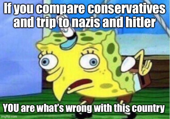 There is no defense for this belief. Saying this PROVES MSM brainwashed you | If you compare conservatives and trip to nazis and hitler; YOU are what’s wrong with this country | image tagged in mocking spongebob,brainwashing,liberal logic,nazi,conservatives,donald trump | made w/ Imgflip meme maker