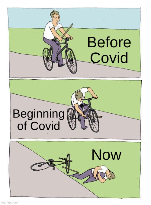 Oop and I | Before Covid; Beginning of Covid; Now | image tagged in memes,bike fall | made w/ Imgflip meme maker