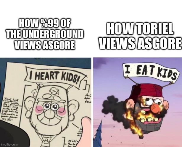 HOW %99 OF THE UNDERGROUND VIEWS ASGORE; HOW TORIEL VIEWS ASGORE | image tagged in blank white template,i heart kids i eat kids | made w/ Imgflip meme maker