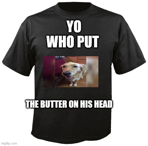 Blank T-Shirt | YO WHO PUT; THE BUTTER ON HIS HEAD | image tagged in blank t-shirt | made w/ Imgflip meme maker