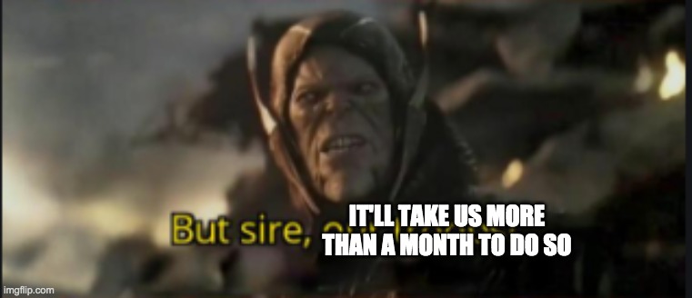 But sire...! | IT'LL TAKE US MORE THAN A MONTH TO DO SO | image tagged in but sire | made w/ Imgflip meme maker