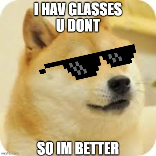 i hav glasses u dont | I HAV GLASSES
U DONT; SO IM BETTER | image tagged in doge,im better than u | made w/ Imgflip meme maker