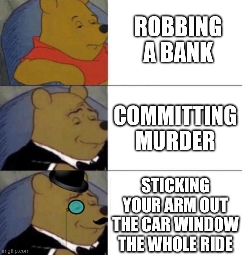 Bad Bitch Energy | ROBBING A BANK; COMMITTING MURDER; STICKING YOUR ARM OUT THE CAR WINDOW THE WHOLE RIDE | image tagged in tuxedo winnie the pooh | made w/ Imgflip meme maker